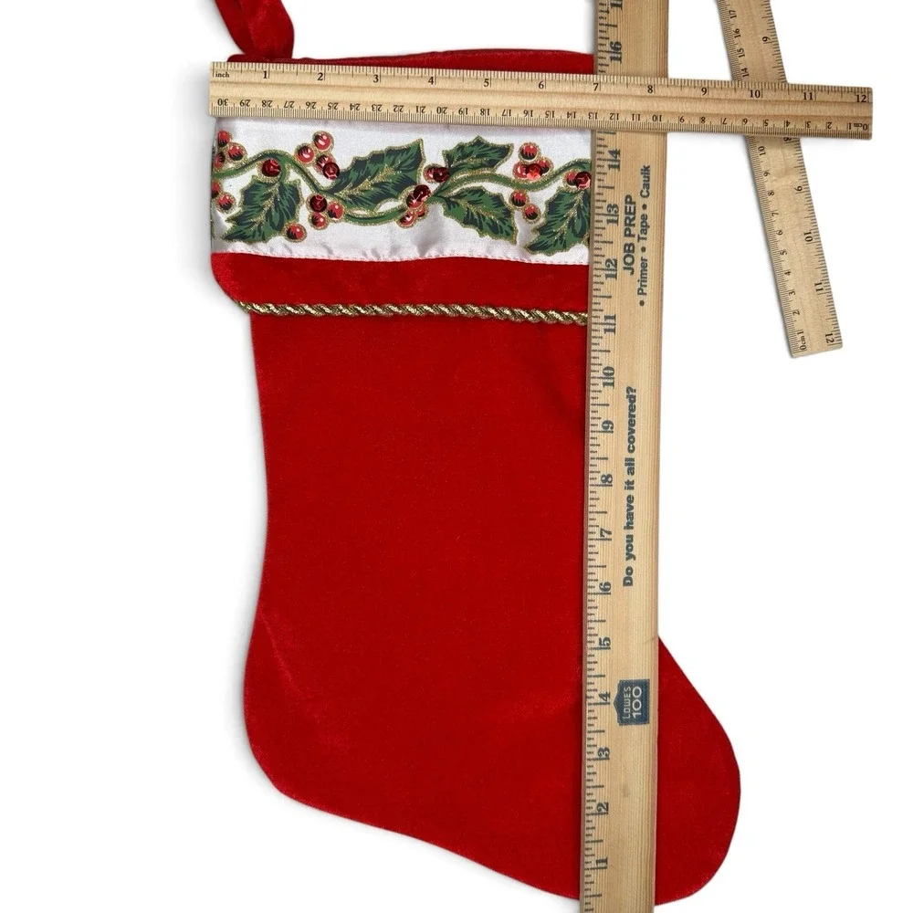 Vintage Velvet Red Green Holly Christmas Stocking Traditional Holiday 16